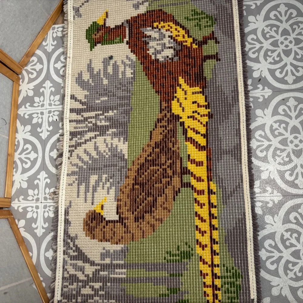 Vintage Latch Hook Punch Needle Wall Hanging Pheasant Birds Forest Scene 43 x 22